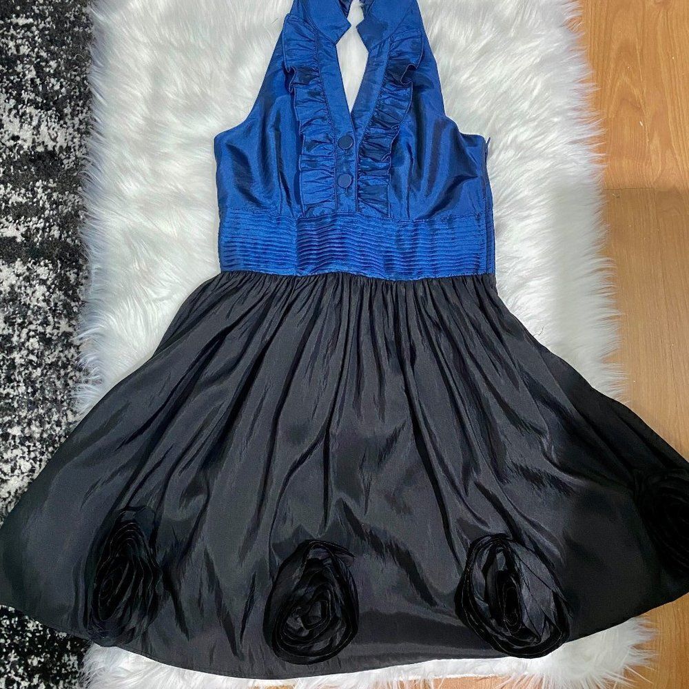 Papaya Blue & Black V- Neck Sleeveless  Dress